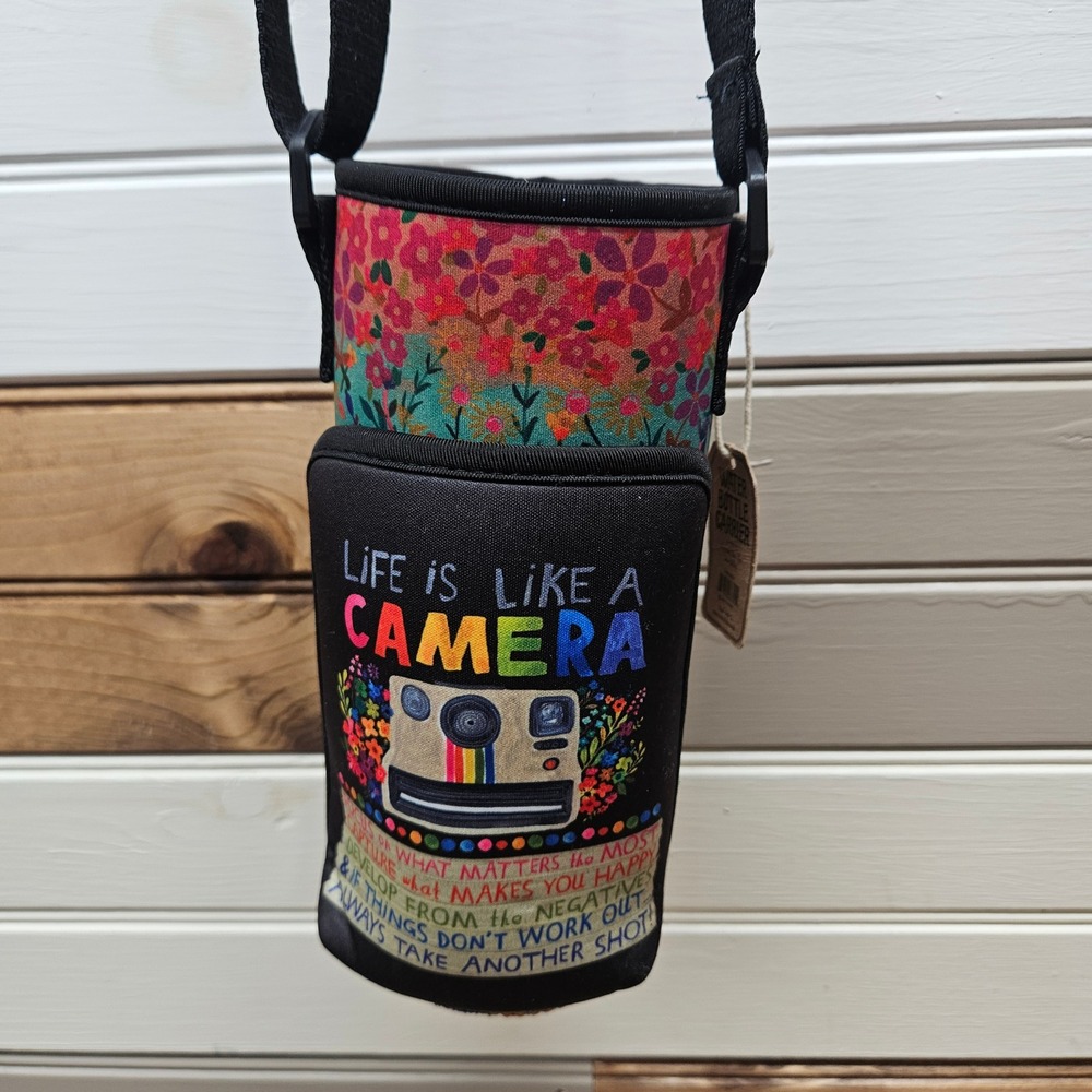 Natural Life Water Bottle Carrier Life is Like a Camera Floral Crossbody Bag